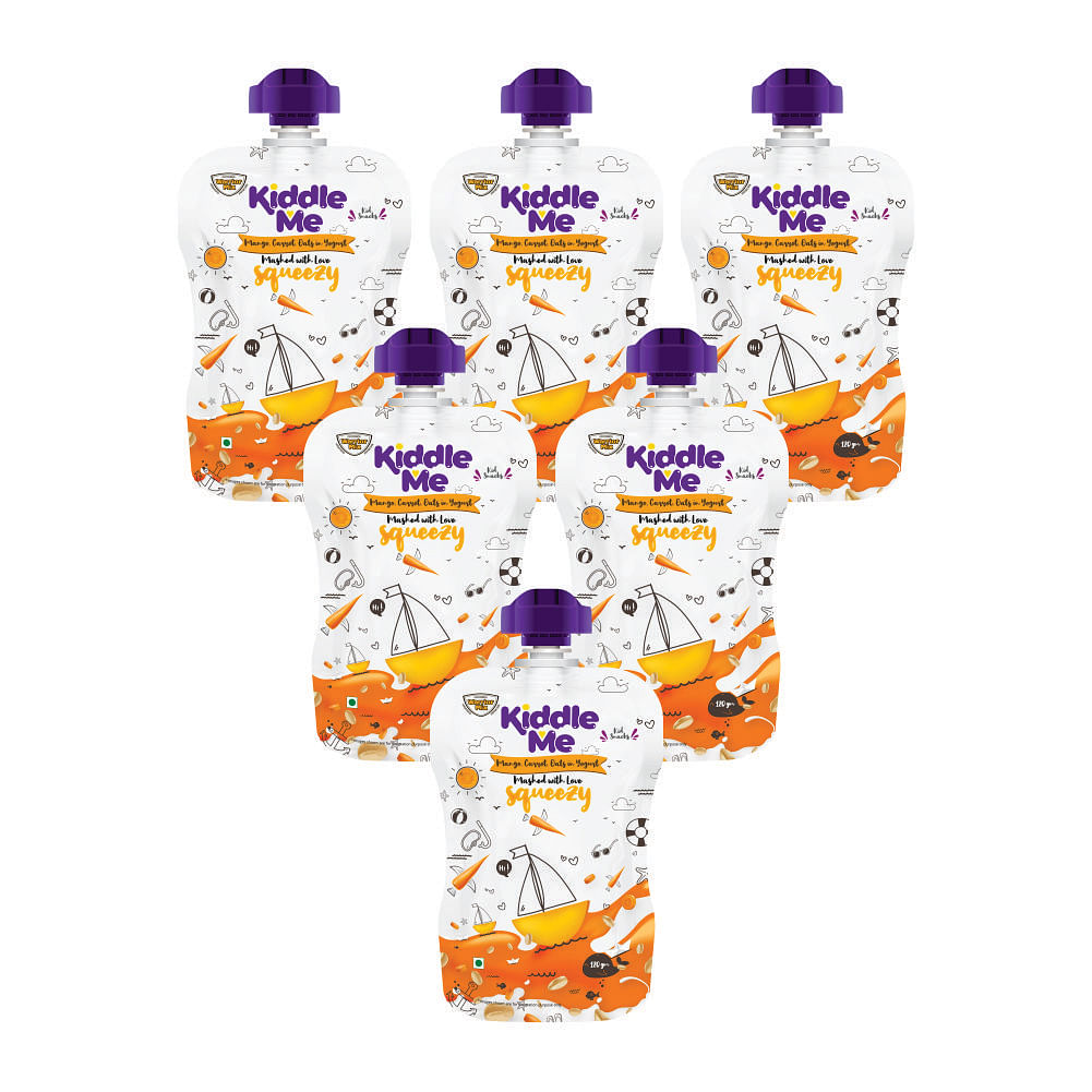 

Kiddle Me Squeezy Fruit Puree (120g-Pack of 6) Yogurt Squeezy with (Mango, Carrot, Oats Fruit) Puree Based Healthy Fortified Snacks for Kids