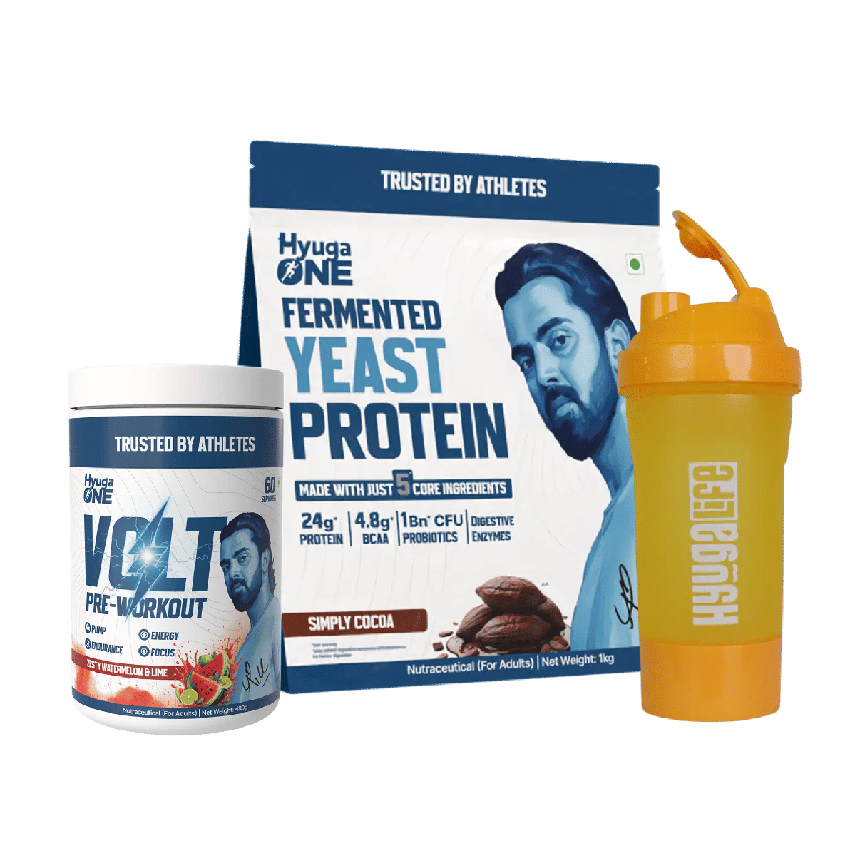

Hyuga One Fermented Yeast Protein Cocoa Chocolate 24g Protein, 4.8g BCAA, Pre & Probiotics, Enzymes, Gut Friendly + VOLT Pre-Workout Zesty Watermel...