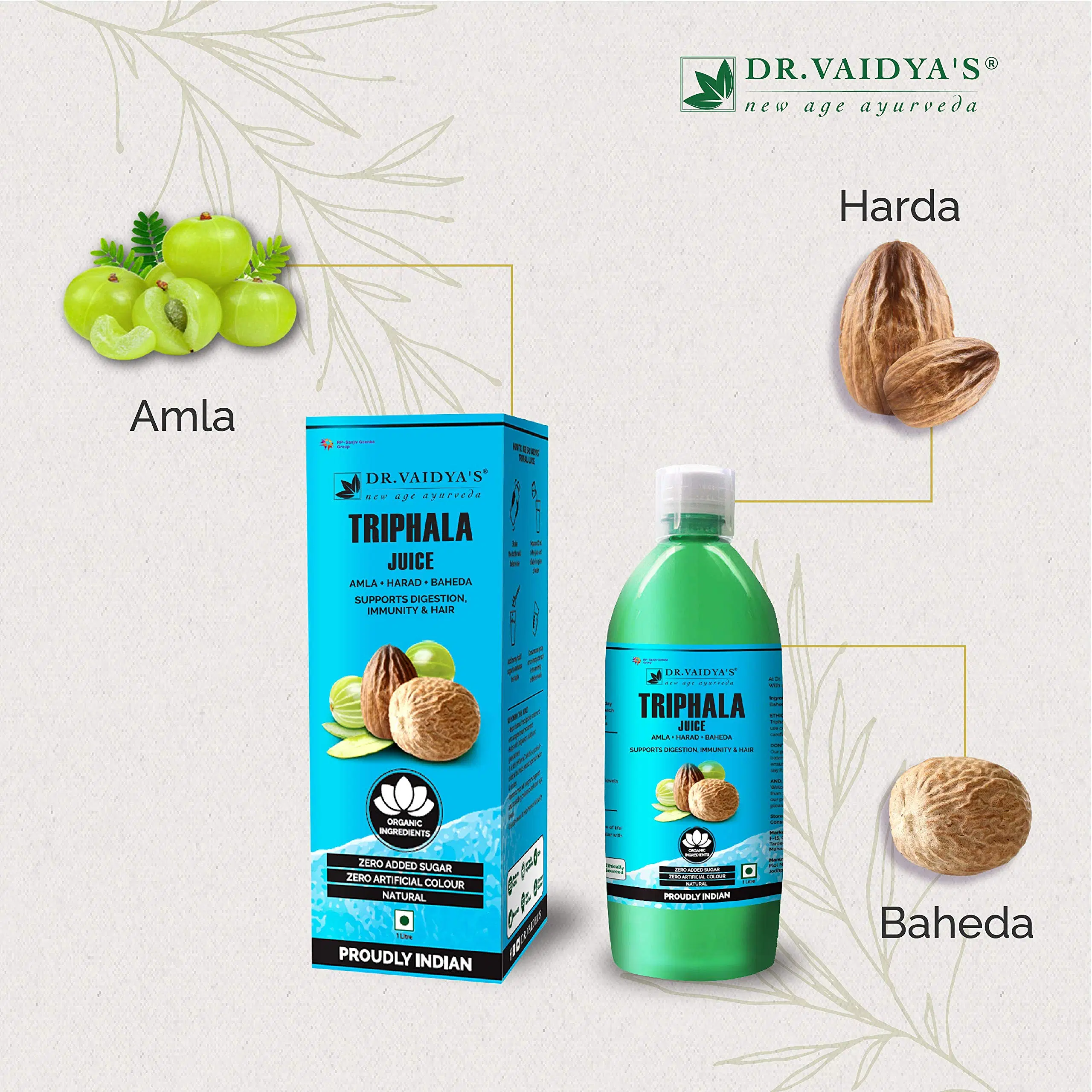Dr. Vaidya's Triphala Juice - Amla Harad Baheda - Supports Digestion , Immunity & Hair (1 Ltr) - Vegetarian , Zero Added Sugar Dr. Vaidya's Triphala Juice - Amla Harad Baheda - Supports Digestion , Immunity & Hair (1 Ltr) - Vegetarian , Zero Added Sugar