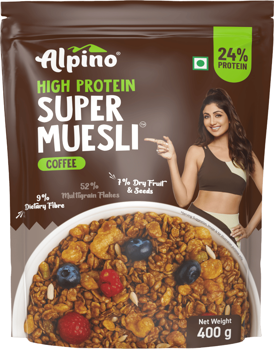 

ALPINO 24g High Protein Super Muesli Cold Coffee 400g - Multigrain Flakes & Rolled Oats, Soya Protein, Nuts & Seeds, Coffee Extract - Source of Die...