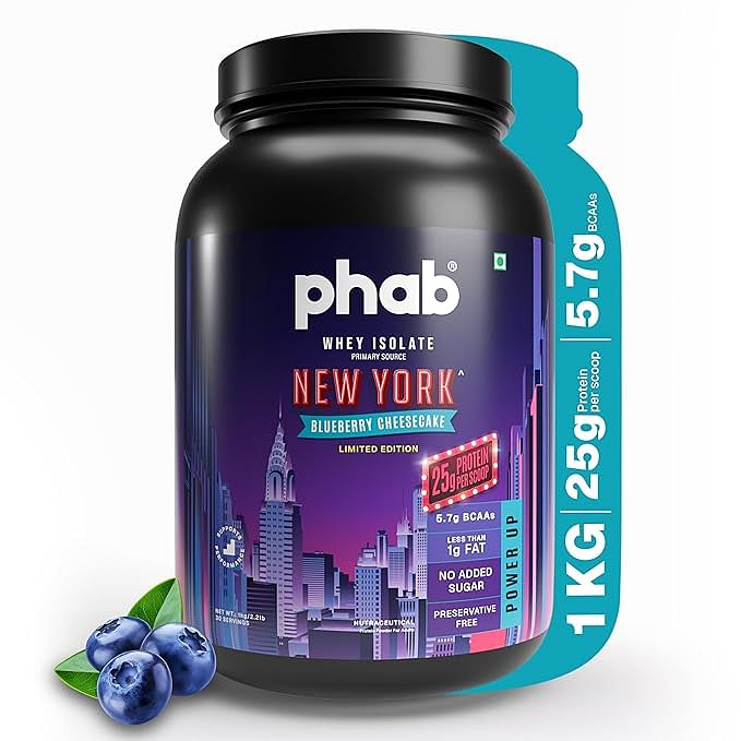 

Phab Whey Isolate Protein – Blueberry Cheesecake 1kg | 25g Protein per Scoop | 5.7g BCAAs, 11.97g EAAs | No Added Sugar, <1g Fat | Gluten-Free, Dia...