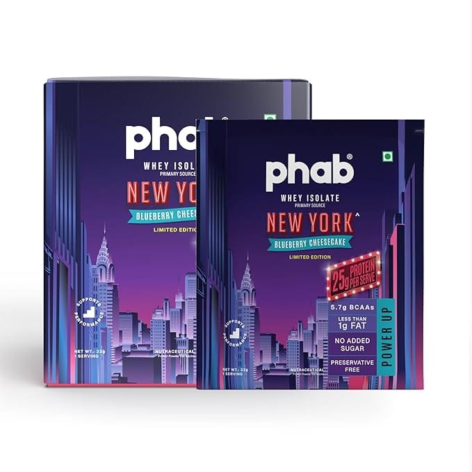 Phab Whey Isolate - Blueberry Cheesecake | 25g Protein | 5.7g BCAAs | No Added Sugar | <1g Fat | Gluten-Free | Diabetic-Friendly | Vegetarian | Ideal for Daily Use-picture-1