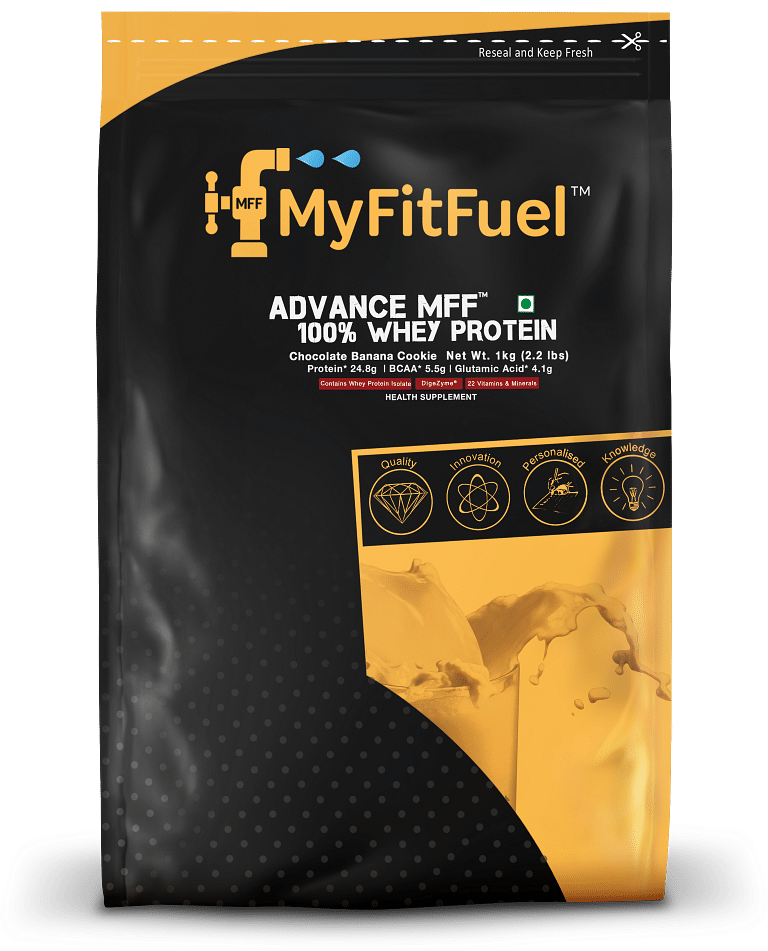 

MyFitFuel Advance MFF 100% Whey Protein, With Digestive Enzymes & Multi Vitamins (Chocolate Banana Cookie, 1 Kg) 28.5 Servings