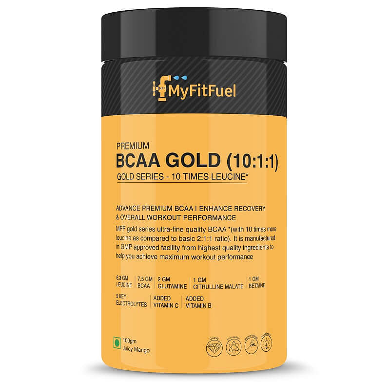 

MyFitFuel Premium BCAA Gold (10:1:1), (10 Time Leucine) BCAA, Glutamine, Electrolytes, Betaine, Citrulline Malate, Vitamins. Best Intra Workout Ene...