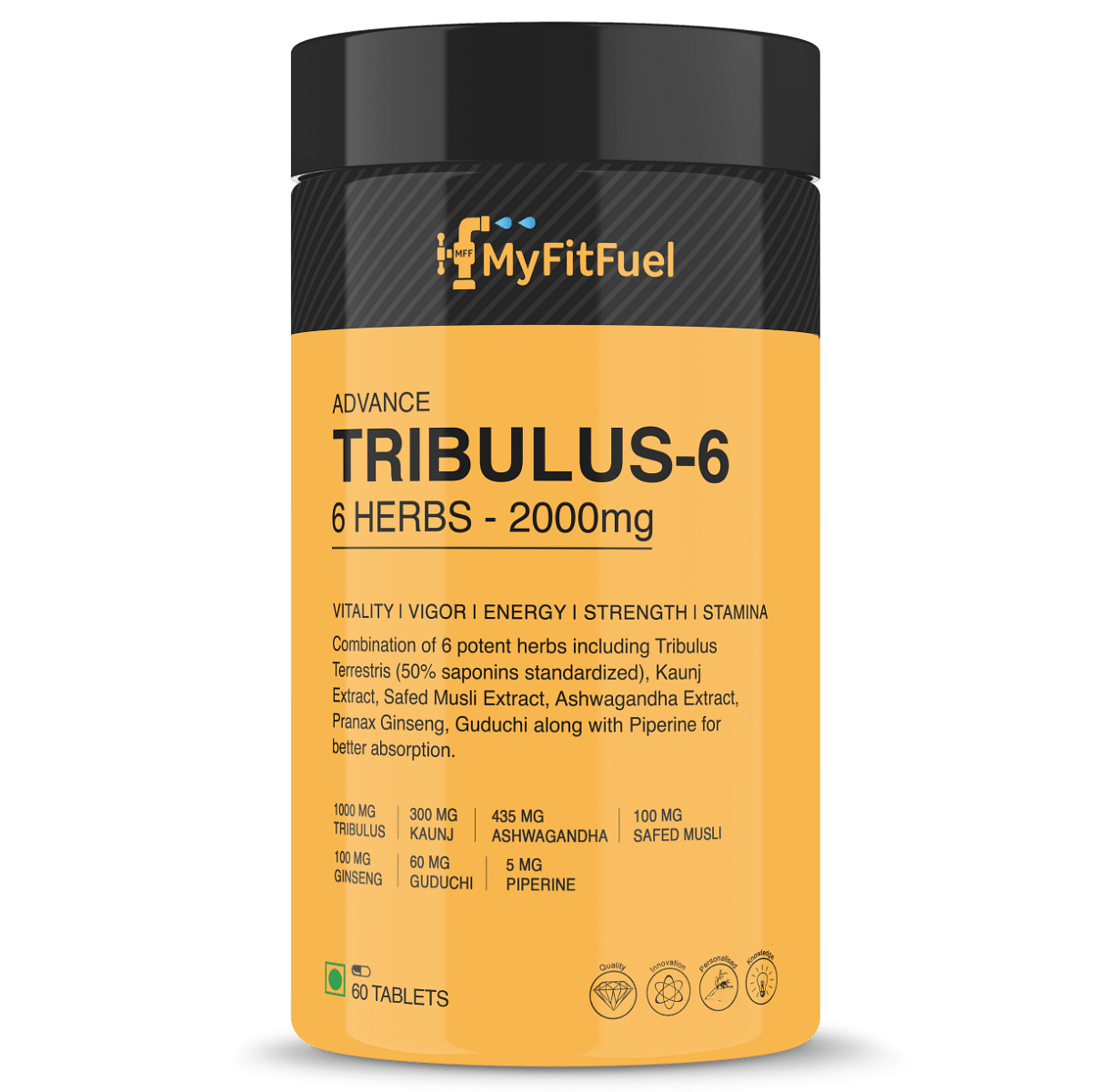 

MyFitFuel Tribulus-6 (6 Herbs- Tribulus, Ginseng, Kaunj, Safed Musli, Ashwagandha, Guduchi & Piperine 95%) (2000mg) (60 capsules) (50% Saponins) Na...