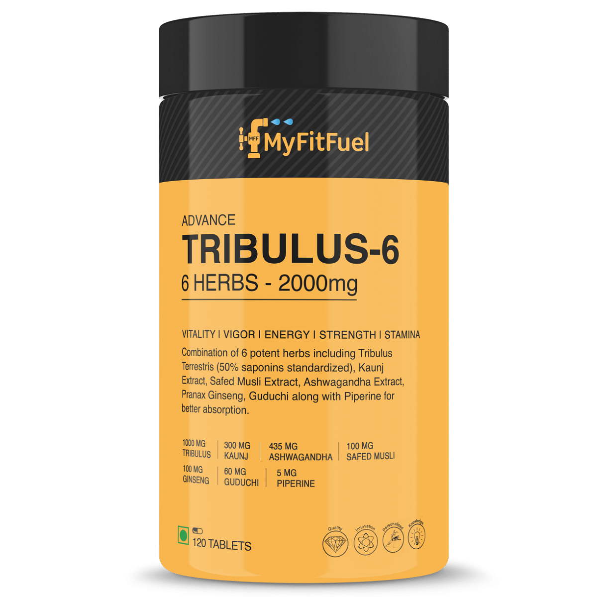 

MyFitFuel Tribulus-6 (6 Herbs- Tribulus, Ginseng, Kaunj, Safed Musli, Ashwagandha, Guduchi & Piperine 95%) (2000mg) (120 capsules) (50% Saponins) N...