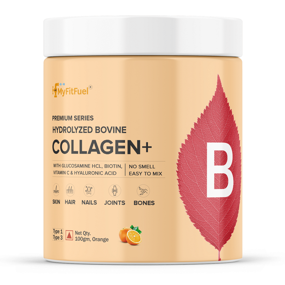 

MyFitFuel Hydrolyzed Bovine Collagen with Glucosamine, Hyaluronic Acid, Biotin, Zinc & Vitamin C | For Skin, Hair, Nails & Joints, (100gm), Orange