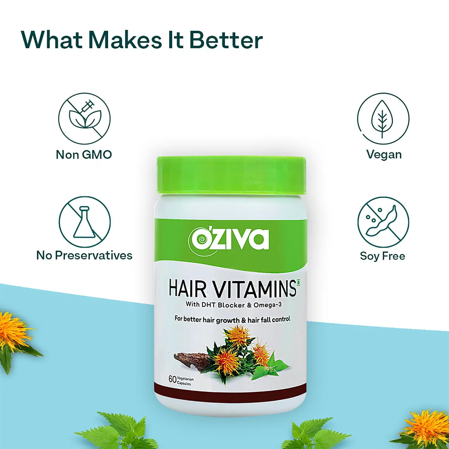 OZiva Hair Vitamins (With DHT Blocker, Omega 3, Iron, & Biotin) For Better Hair  Growth & Nourishment, Hairfall Control, Certified Clean & Vegan, 60 Capsules