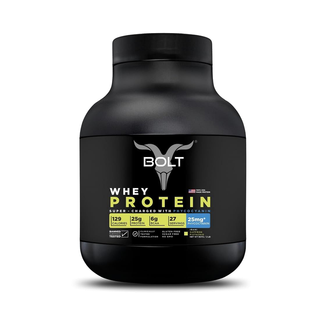 

Bolt Whey Protein 907g | Saffron Pistachio | 27 Servings | 25g Protein | 25mg Phycocyanin | Improves performance | Faster Recovery | Muscle Growth