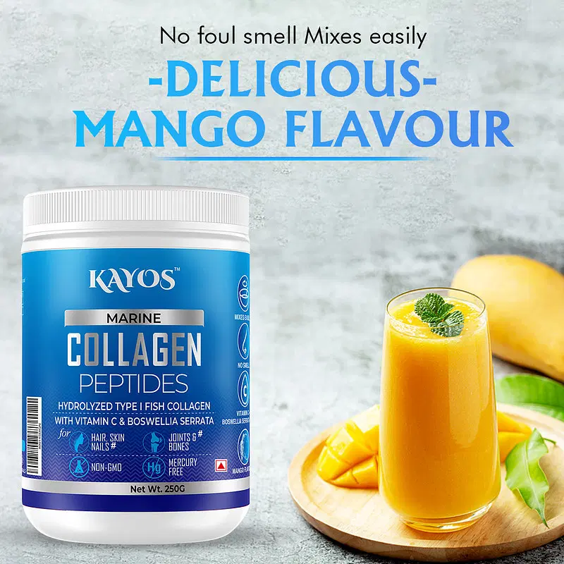 Kayos - Marine Collagen Peptides (250g) | Mango Flavour | Mercury-Free Fish  Collagen Powder | Boosts Health of Hair, Skin and Nails | Fortified with  Vitamin C | Skin Care and Joint Support Supplement