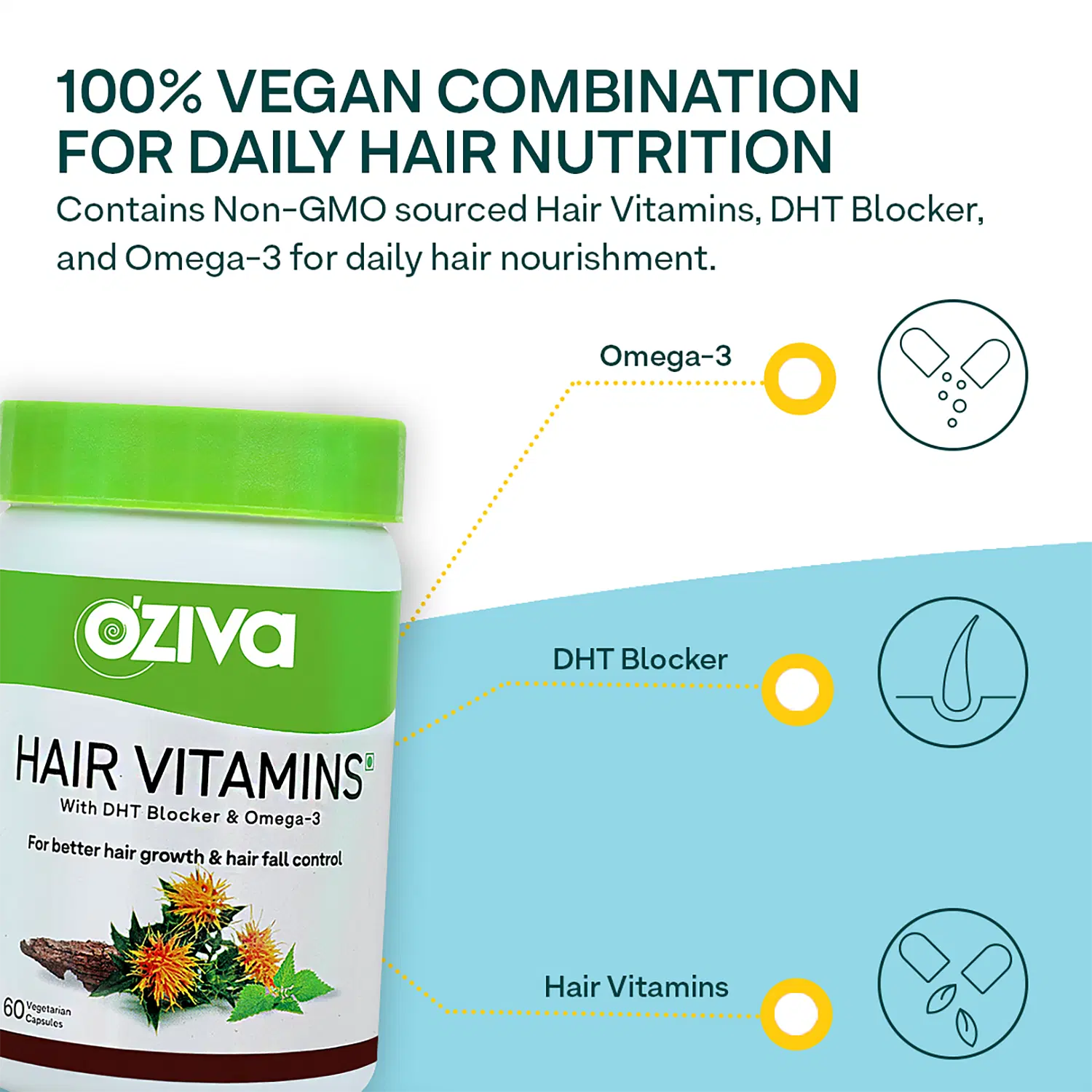 OZiva Hair Vitamins (With DHT Blocker, Omega 3, Iron, & Biotin) For Better  Hair Growth & Nourishment, Hairfall Control, Certified Clean & Vegan, 60  Capsules