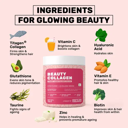 What's Up Beauty Collagen with Glutathione, Biotin, & Vitamin C for brighter, youthful, & spotless skin. Certified Titagen Collagen. Benefits Skin, Hair & Nails. Supports Bone & Joint Health. Litchi Flavour What's Up Beauty Collagen with Glutathione, Biotin, & Vitamin C for brighter, youthful, & spotless skin. Certified Titagen Collagen. Benefits Skin, Hair & Nails. Supports Bone & Joint Health. Litchi Flavour