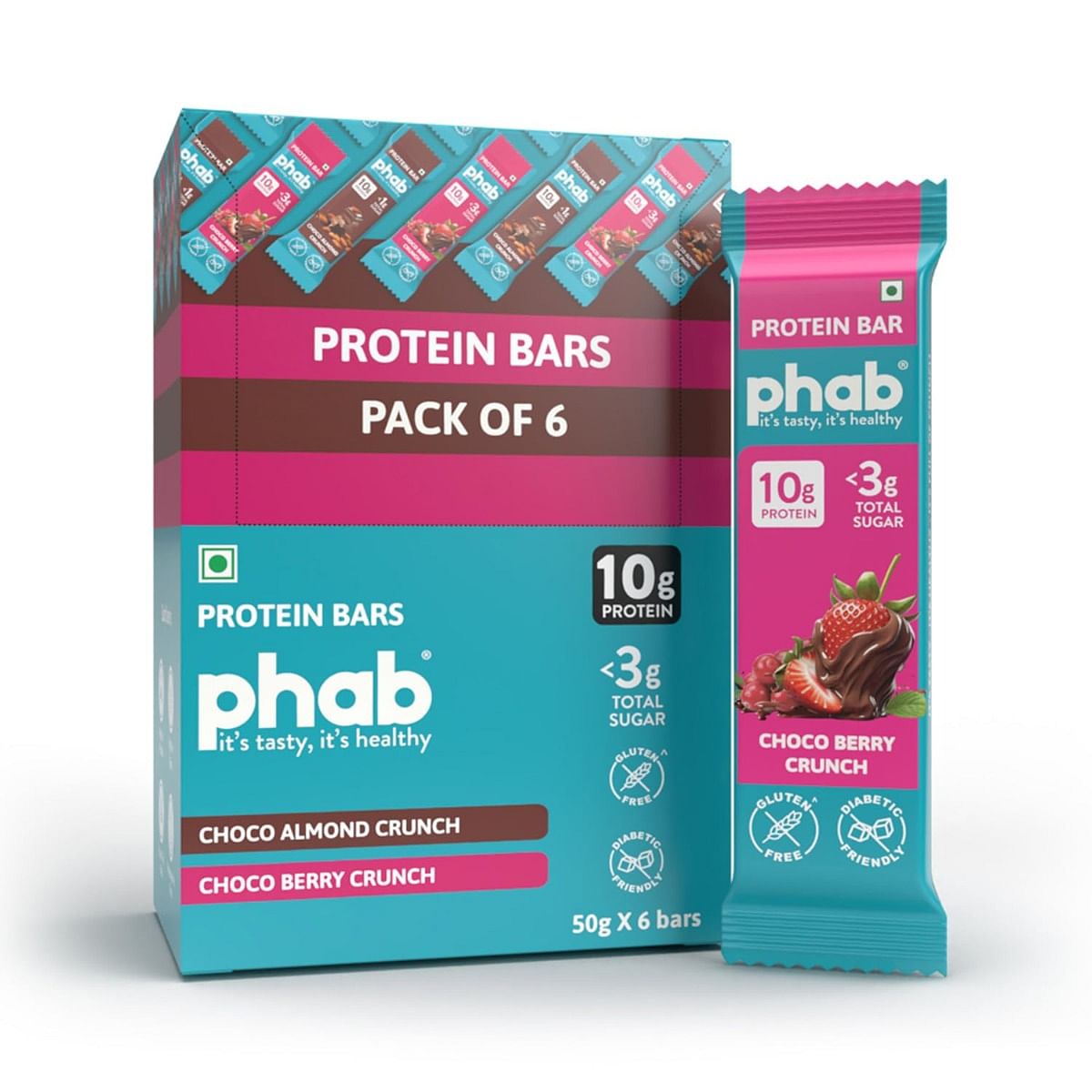 

Phab 10 G Choco Crunch Protein Bars|(Pack Of 6 X 50 Gram)|14% Almonds|12% Berries (Cranberry & Strawberry)|Crunchy,Diabetic Friendly,High Fibre,Tra...