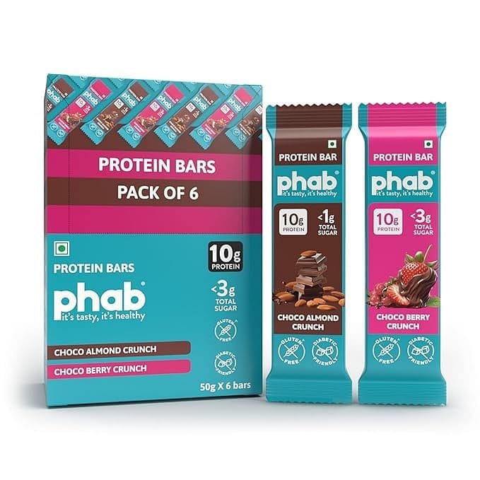 Phab 10G Protein Bars|(Pack Of 6 X 50 Gram)|14% Almonds|12% Berries|Crunchy,Diabetic Friendly,High Fibre,Trans Fat Free|Healthy Snack - 300 Gram