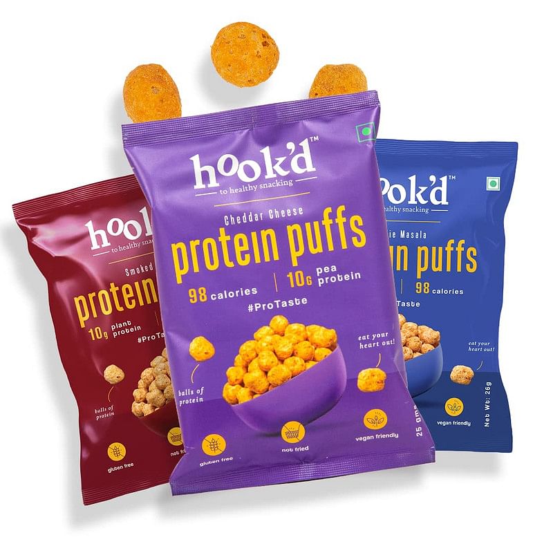 

Hook'D Assorted Protein Puff Cheddar Cheese Indie Masala Smoked BBQ High Protein & Fiber Snacks Plant Based Protein 100% Vegan Below 100 Calories 0...