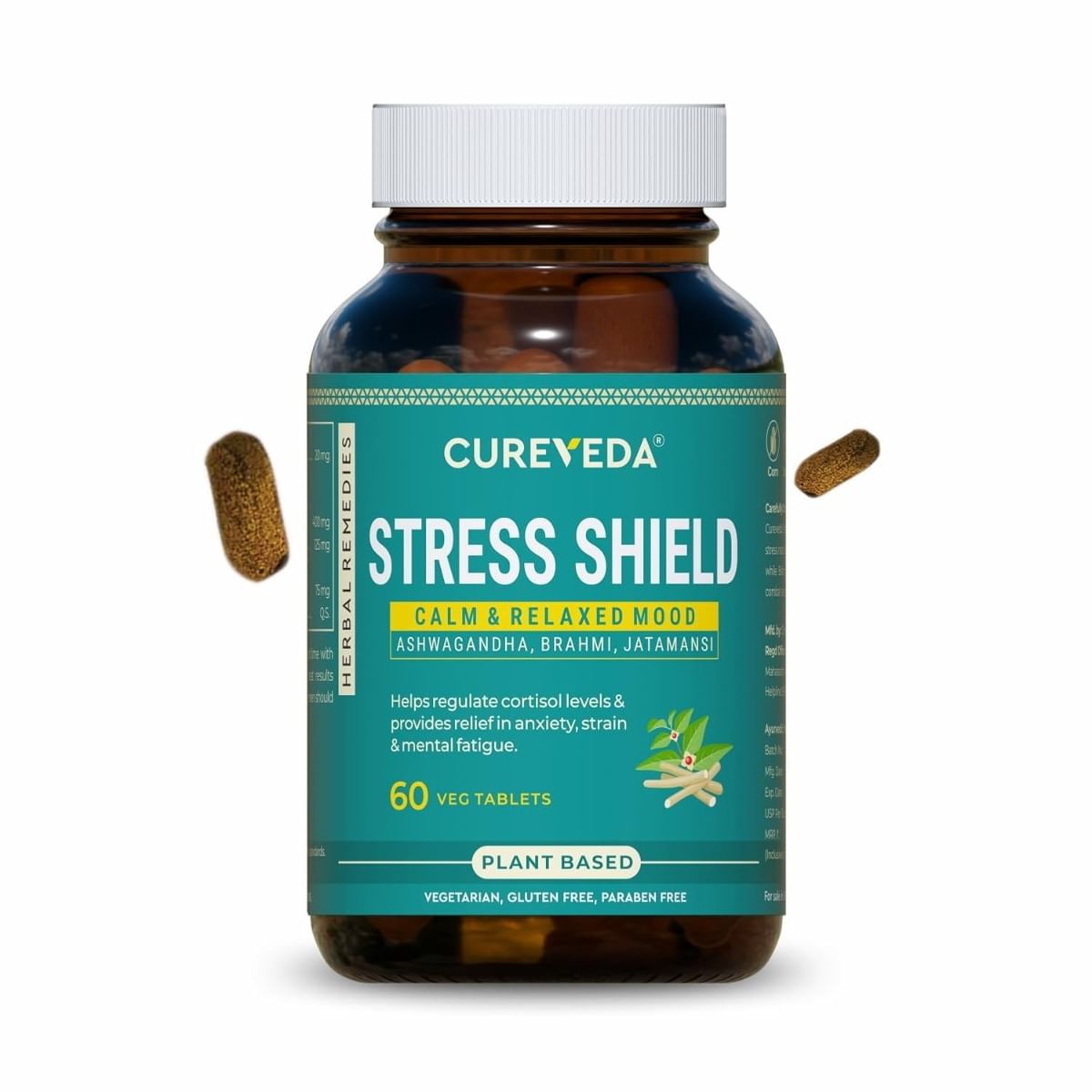 

Cureveda Herbal Stress Shield Tablets- Support for Stress, Fatigue and Tension (Gold standard Ashwagandha, Brahmi, Jatamansi- General Wellness- 60 ...