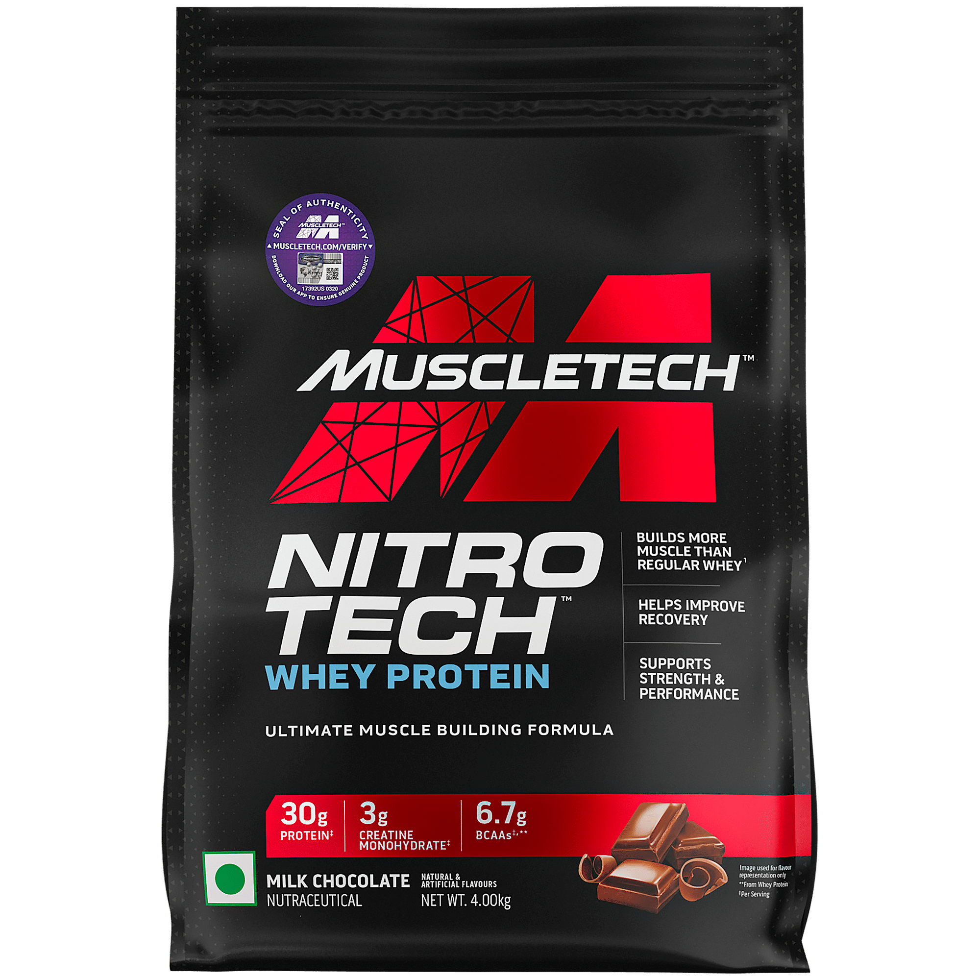 

MuscleTech Nitrotech Whey Protein Powder 4kg | 89 Serving | 30g Protein | Milk Chocolate Flavour | Muscle | Recovery | Strength