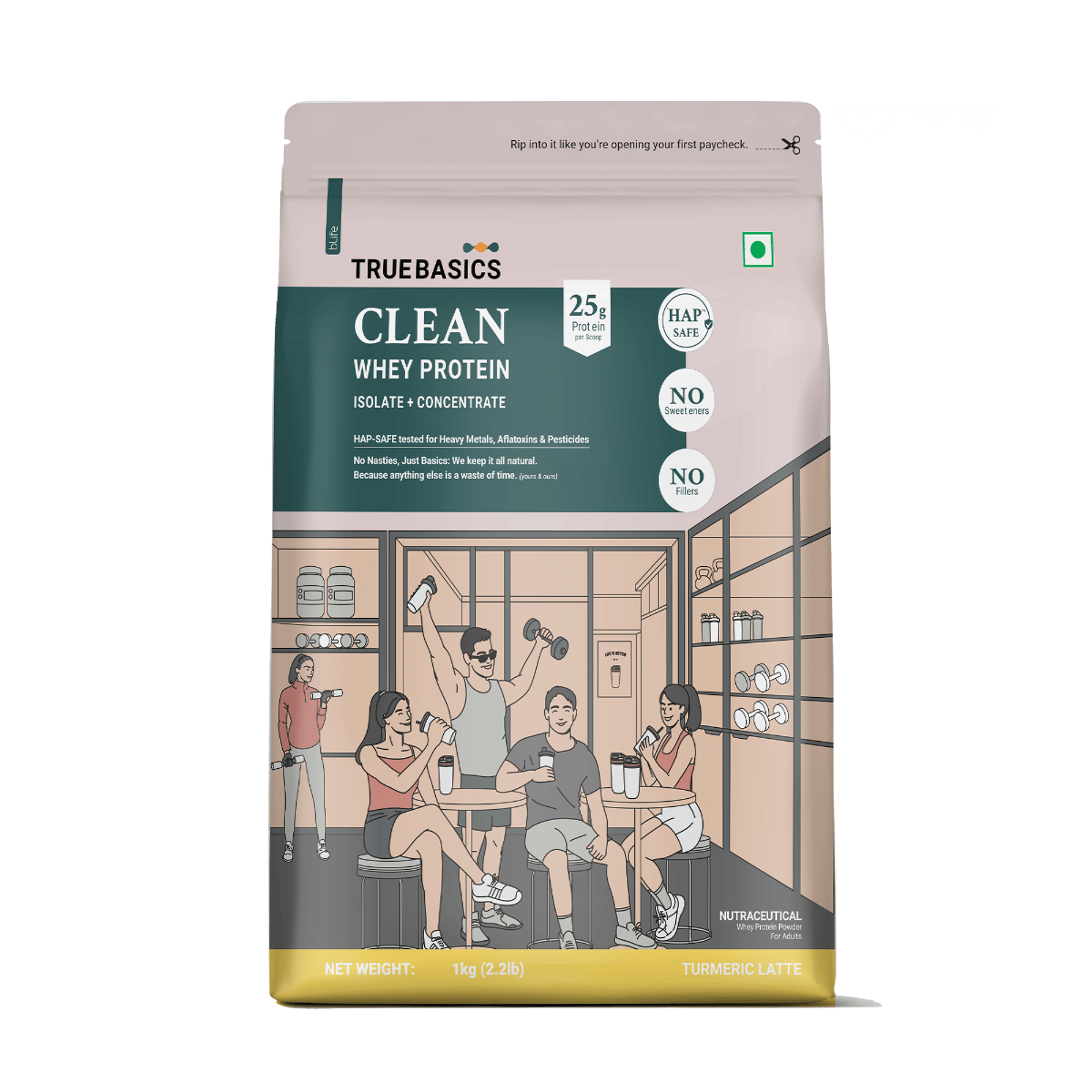 TrueBasics Clean Whey Protein Powder Isolate & Concentrate Blend (Turmeric Latte, 1kg) | 25g Protein per Scoop | Trustified Gold Certified