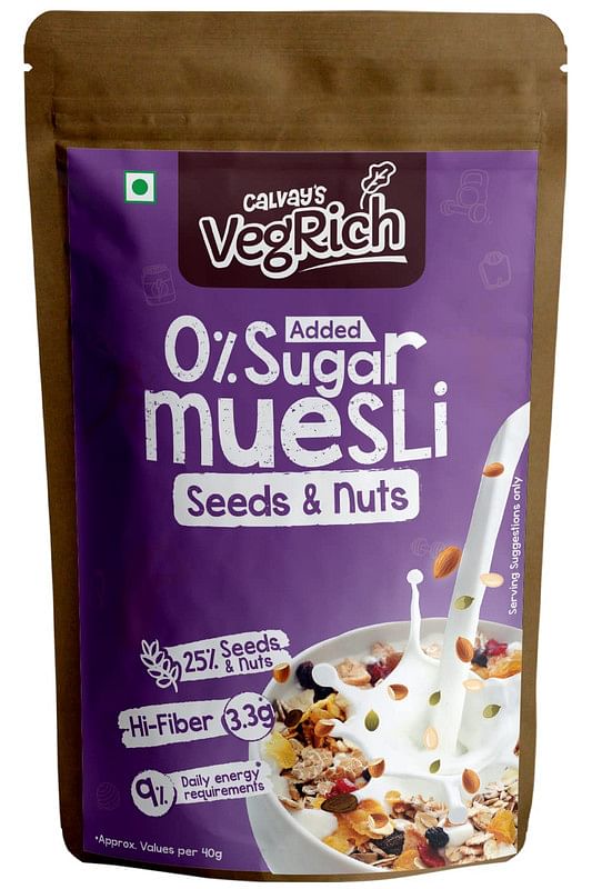 

Calvays No Added Sugar Muesli Diabetic Friendly | Sugar Free Muesli - Rolled Oats + Wheat Flakes + Barley + Almonds+ Pumpkin seeds + Chia seeds + w...