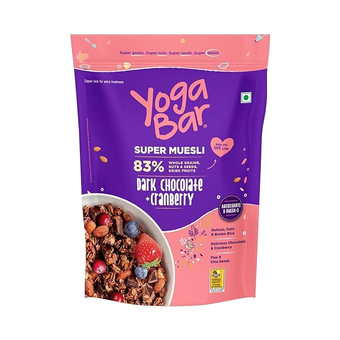 

Yogabar Dark Chocolate & Cranberry Muesli 700g - Breakfast Cereal with 83% Nuts & Seeds, Dried Fruits, & Whole Grains-Close to Expiry 29/12/2025