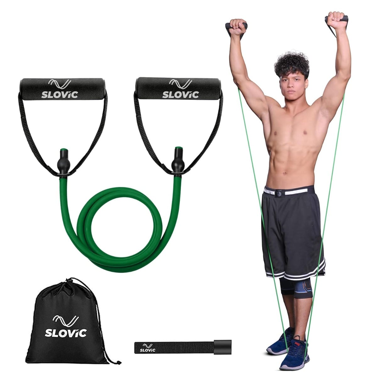 SLOVIC Resistance Tube (1 Year Warranty) with 30+ Exercise E-Guide & Foam Handle, Suitable for Home and Gym for Men and Women, Multipurpose Resistance Tube Band (Green = 20kg)