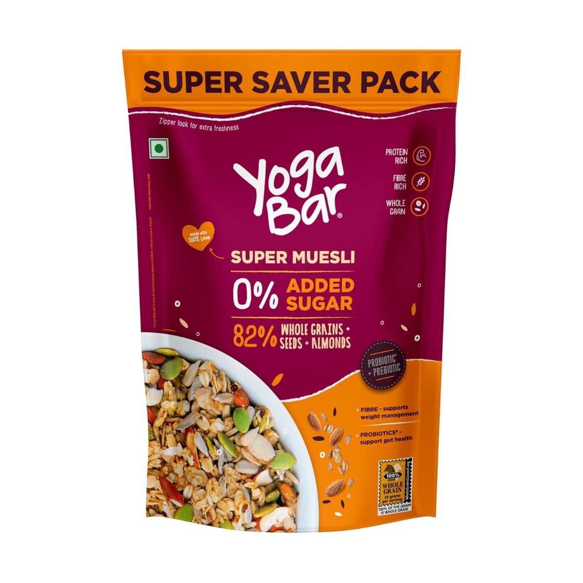 

Yogabar Super Muesli, No Added or Hidden Sugar, Breakfast Muesli with Probiotics & Prebiotics, 82% Whole Grains + Seeds + Almonds, 700g