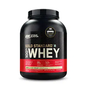 Optimum Nutrition (ON) Gold Standard 100% Whey Protein Powder 5 lbs, 2.27 kg (Vanilla Ice Cream), for Muscle Support & Recovery, Vegetarian - Primary Source Whey Isolate with Free Shaker