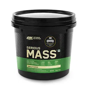 Optimum Nutrition (ON) Serious Mass High Protein Weight Gain Powder(Veg)- 5 kg (Vanilla) with 23+ Vitamins-Minerals, Glutamine & 3g Creatine with Free Shaker