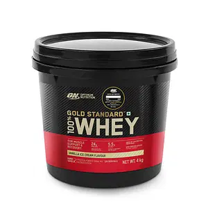 Optimum Nutrition (ON) Gold Standard 100% Whey Protein Powder 4 Kg (Vanilla Ice Cream), for Muscle Support & Recovery, Vegetarian - Primary Source Whey Isolate with Free Shaker