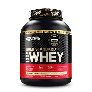Optimum Nutrition (ON) Gold Standard 100% Whey Protein Powder - 5 lb (+10% Extra), 2.5 kg - Vanilla Ice Cream with Free Shaker