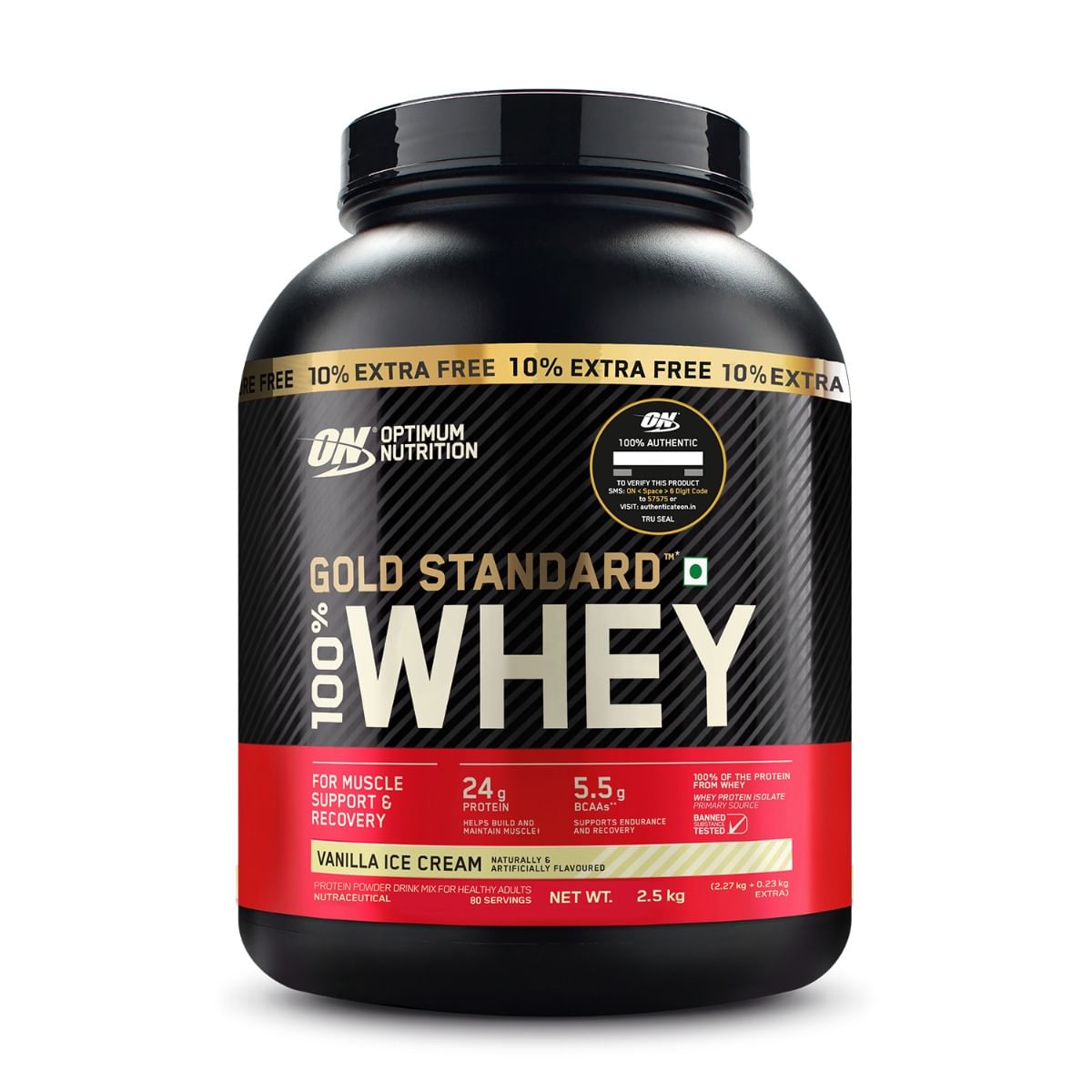 

Optimum Nutrition (ON) Gold Standard 100% Whey Protein Powder - 5 lb (+10% Extra), 2.5 kg - Vanilla Ice Cream with Free Shaker