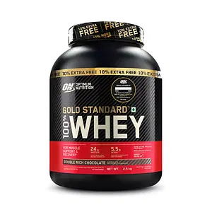 Optimum Nutrition (ON) Gold Standard 100% Whey Protein Powder - 5 lb (+10% Extra), 2.5 kg - Double Rich Chocolate with Free Shaker