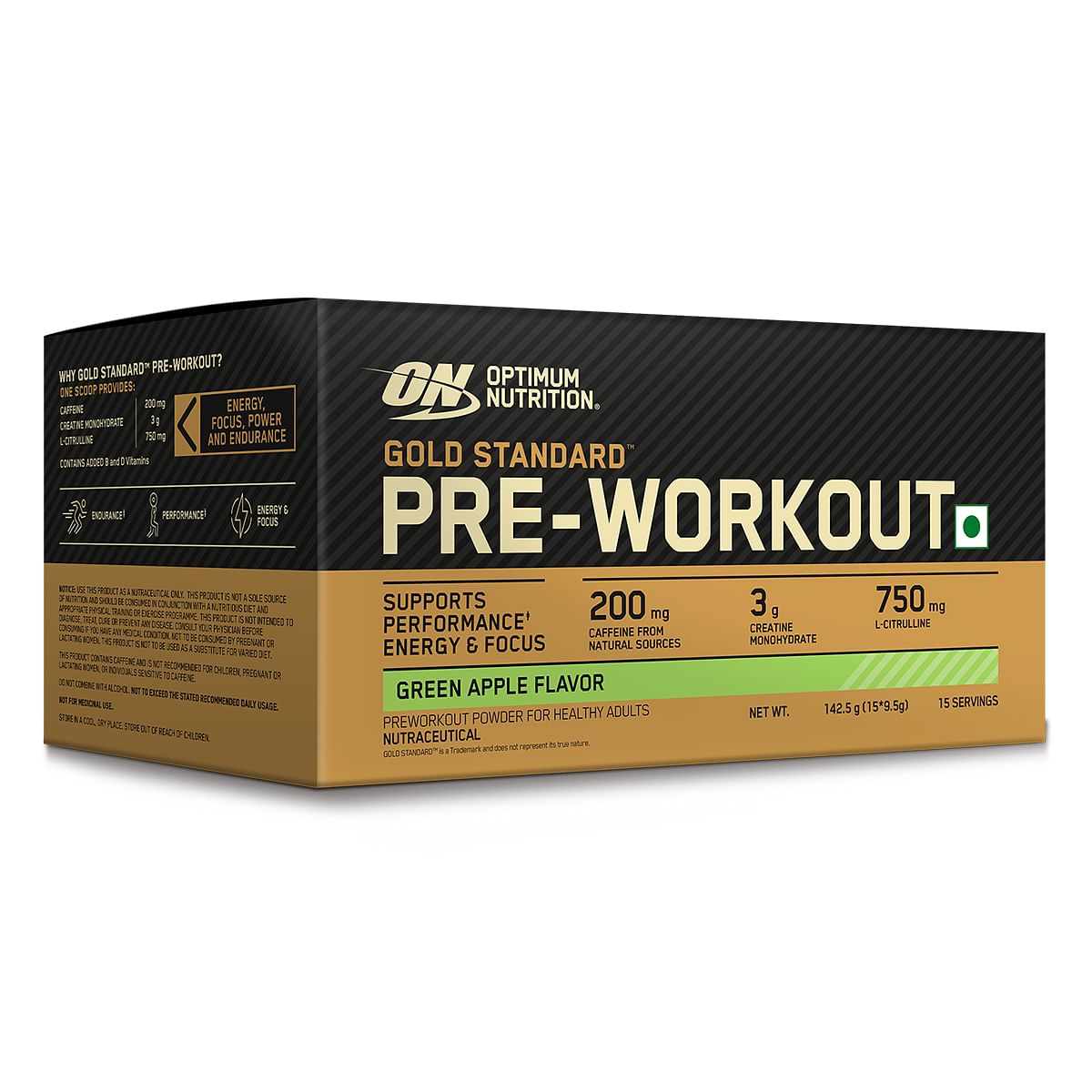 

Optimum Nutrition (ON) Gold Standard Pre-Workout- 142.5g/15 single serve packs (Green Apple Flavor), For Energy, Focus, Power, Endurance & Performance