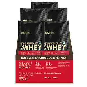Optimum Nutrition (ON) Gold Standard 100% Whey Protein Powder- 5 X 30.4 g Single Serve Sachets (Double Rich Chocolate), for Muscle Support & Recovery, Vegetarian - Primary Source Whey Isolate