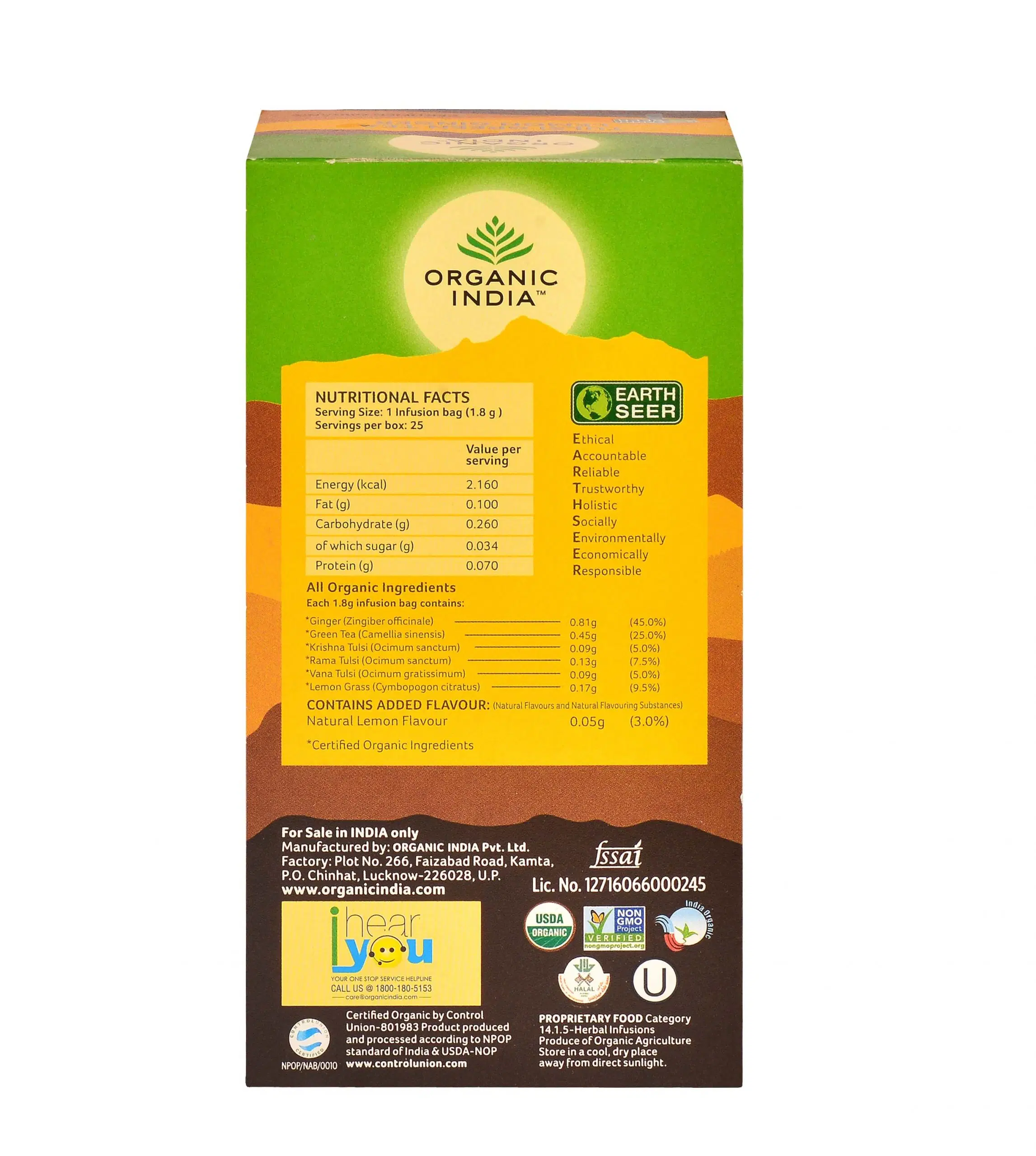 Organic India Tulsi Green Tea Lemon Ginger 25 Infusion Bags