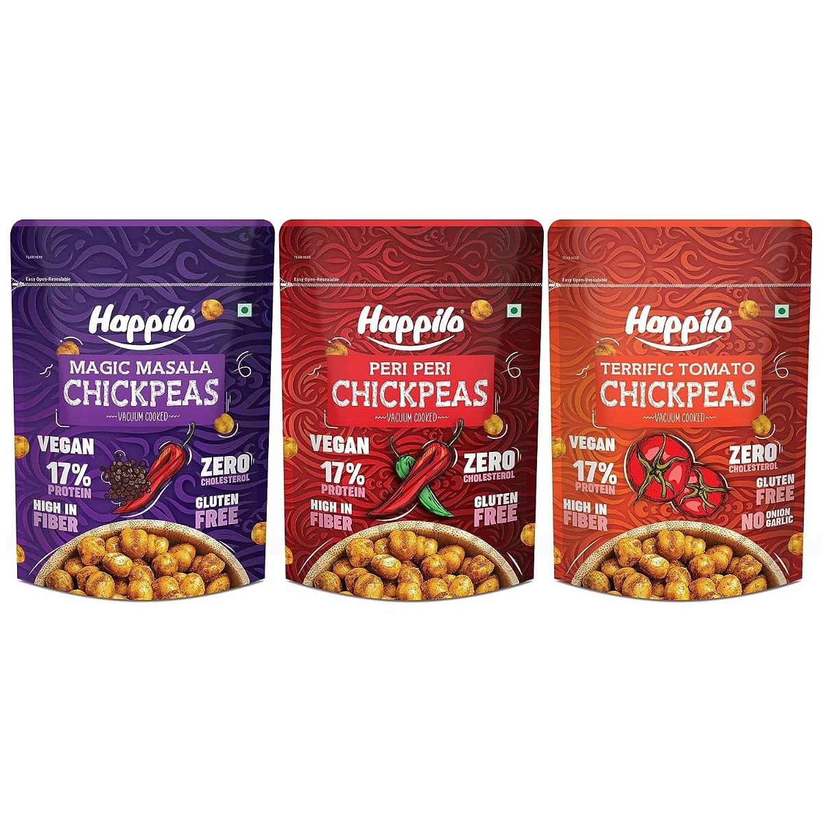 

Happilo Chickpeas Super Combo Snack with Magic Masala Chickpeas 110g + Peri Peri Chickpeas 110g + Terrific Tomato Chickpeas 110g