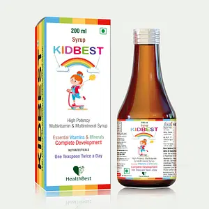 HealthBest Kidbest Multivitamin & Multimineral Syrup for Kids with Pencils Zinc Iodine Vitamin A, C & E 200 ML With a Box of Eco Friendly Pencils