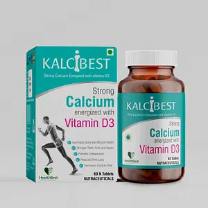 HealthBest KalciBest Calcium + Vitamin D3 Tablets Strengthen Bones Energized Calcium Deposition Joint Mobility Strengthens Cartilage 60 Tablets