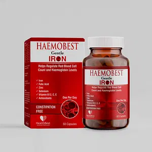 HealthBest Haemobest Capsules Iron Supplement Increases Hemoglobin Ideal for Sensitive Stomachs - Non-Constipating Red Blood Cell Supplement 60 Capsule