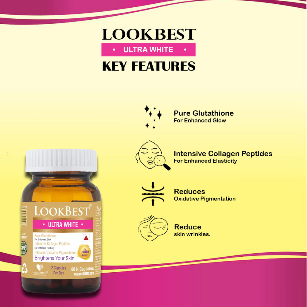 HealthBest Lookbest Ultra White Capsule limited edition Brighter Skin  Glutathione Reduces Oxidative Pigmentation 60 Capsules