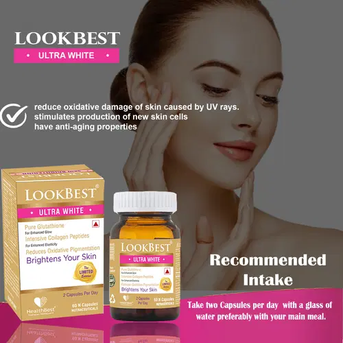 HealthBest Lookbest Ultra White Capsule limited edition Brighter Skin Glutathione Reduces Oxidative Pigmentation 60 Capsules HealthBest Lookbest Ultra White Capsule limited edition Brighter Skin Glutathione Reduces Oxidative Pigmentation 60 Capsules