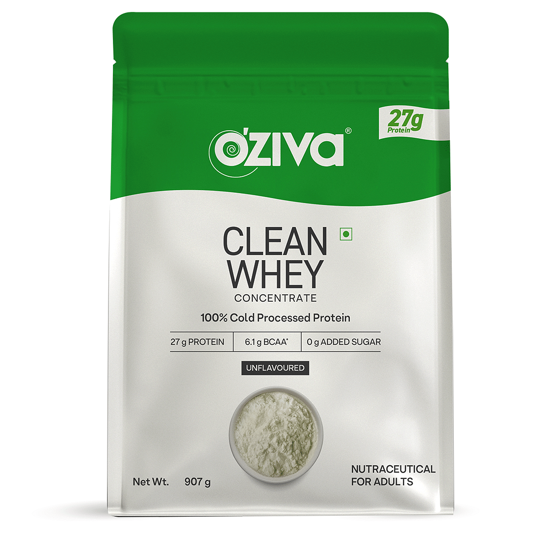 OZiva Clean Whey Concentrate Protein Powder| 27g Protein| Unflavoured, 907g
