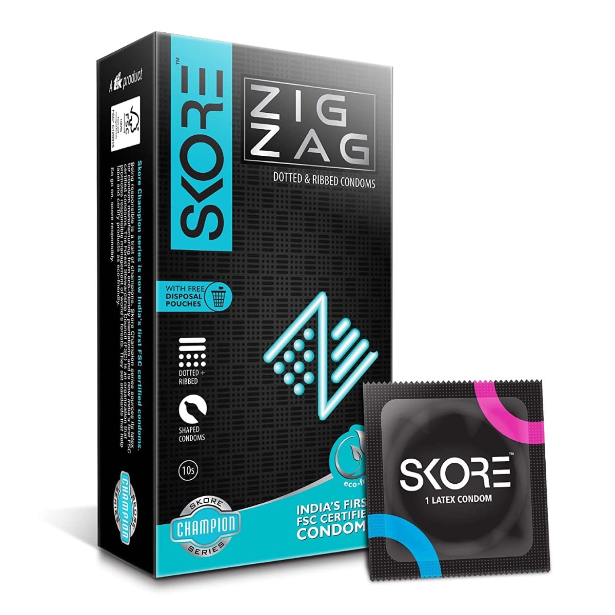 Skore Zigzag Condoms | Dotted & Ribbed For Pleasure | Sharped | With Disposal Pouches, 10 Pieces | 1 Packs-image-32