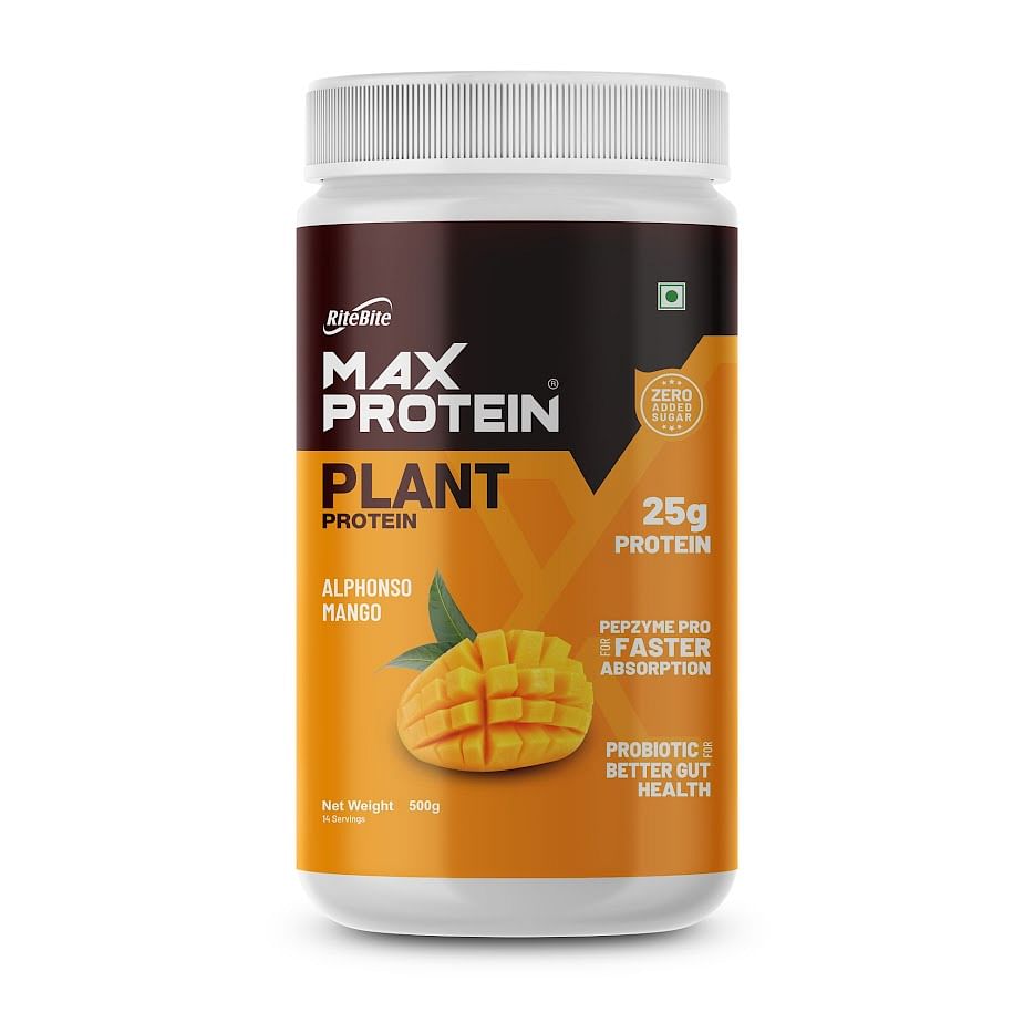 

RiteBite Max Protein Plant Protein Powder Alphonso Mango 500g| 25g Protein| 14 Servings| Pepzyme For Faster Absorption| Probiotic For Better Gut He...