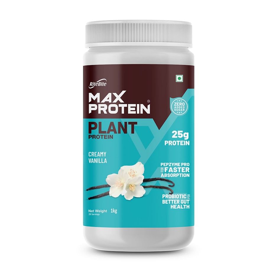 

RiteBite Max Protein Plant Protein Creamy Vanilla 1kg|25g Protein| 28 Servings| Pepzyme For Faster Absorption| Probiotic For Better Gut Health|