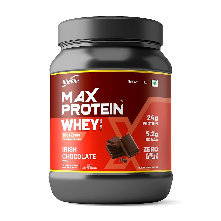 

RiteBite Max Protein Whey Protein Irish Chocolate 1Kg| 30 Servings| DigeZyme for Enhanced Digestion | 25g Protein | 5.2g BCAAs | Zero Added Sugar |...