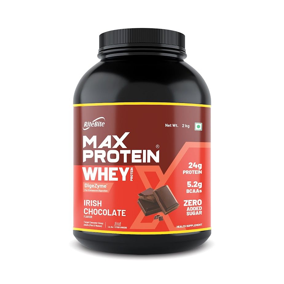 

RiteBite Max Protein Whey Protein Irish Chocolate 2Kg| 60 Servings| DigeZyme for Enhanced Digestion | 25g Protein | 5.2g BCAAs | Zero Added Sugar |...