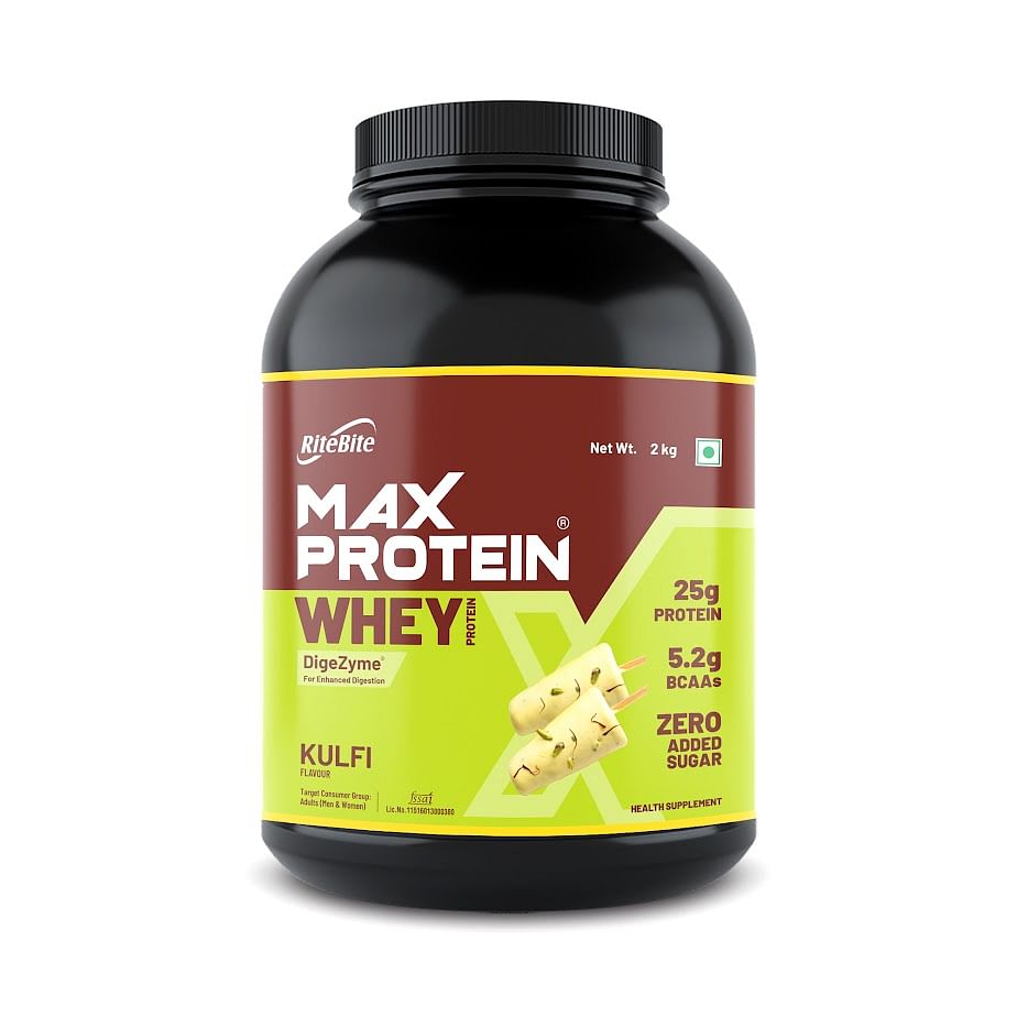 

RiteBite Max Protein Whey Protein Powder Kulfi 2Kg| 60 Servings | DigeZyme for Enhanced Digestion | 25g Protein | 5.2g BCAAs | Zero Added Sugar | F...