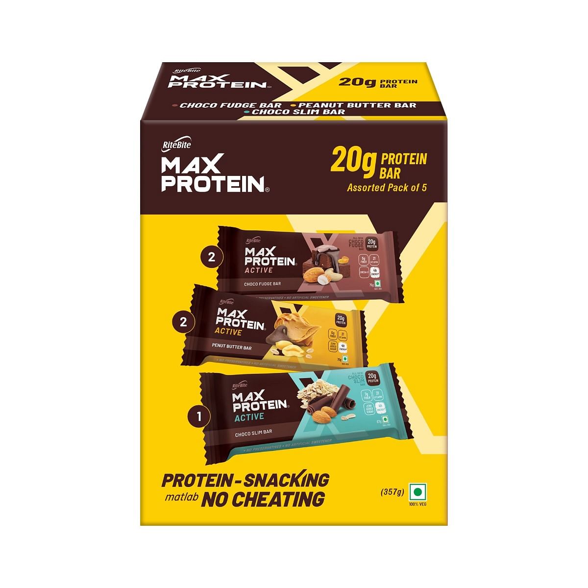 

RiteBite Max Protein Active Assorted 20g Protein Bars (Pack of 5) | 5g Fiber, 21 Vitamins & Minerals, 4h Energy | For Fitness, Immunity | No Preser...