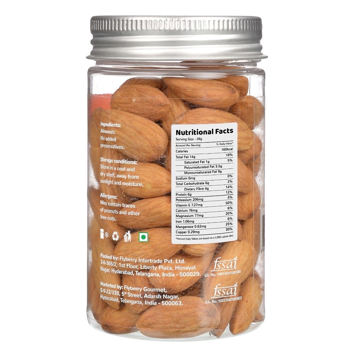 

Flyberry Gourmet Premium California Jumbo Almonds, 100g | Rich in Protein, Magnesium and Dietary Fibre